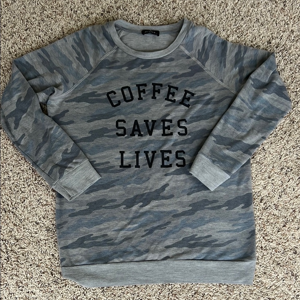 Gray Camo Sweater with 'Coffee Saves Lives' Print